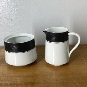Noritake Mirano Black Flowered‎ Rim Silver Trim White Creamer And Sugar Bowl